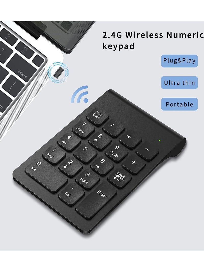 لوحة مفاتيح رقمية لاسلكية 2.4 جيجاهرتز فائقة النحافة - مقاومة للرذاذ - طباعة بالأشعة فوق البنفسجية لـ 18 حرفًا رئيسيًا لأجهزة الكمبيوتر المحمولة (بطارية AAA غير متضمنة) | أسود - Image 2