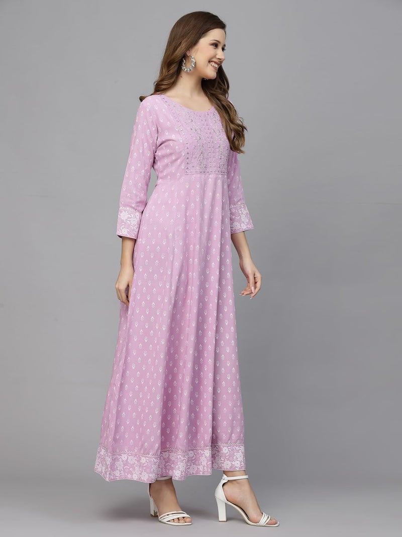 Stylum Women's Printed & Embroidered Rayon Anarkali Kurta Lavender - Image 3