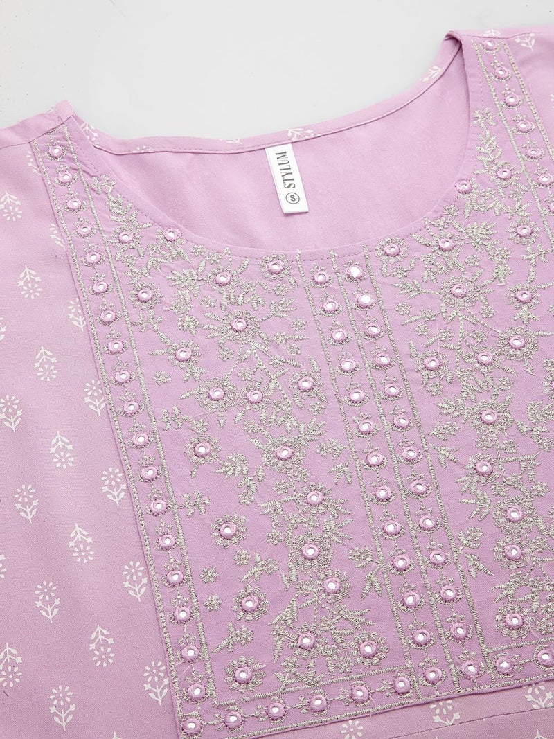 Stylum Women's Printed & Embroidered Rayon Anarkali Kurta Lavender - Image 4