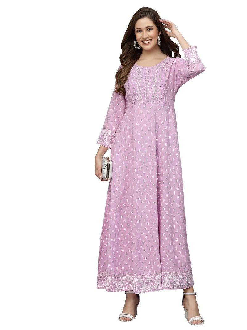 Stylum Women's Printed & Embroidered Rayon Anarkali Kurta Lavender - Image 1