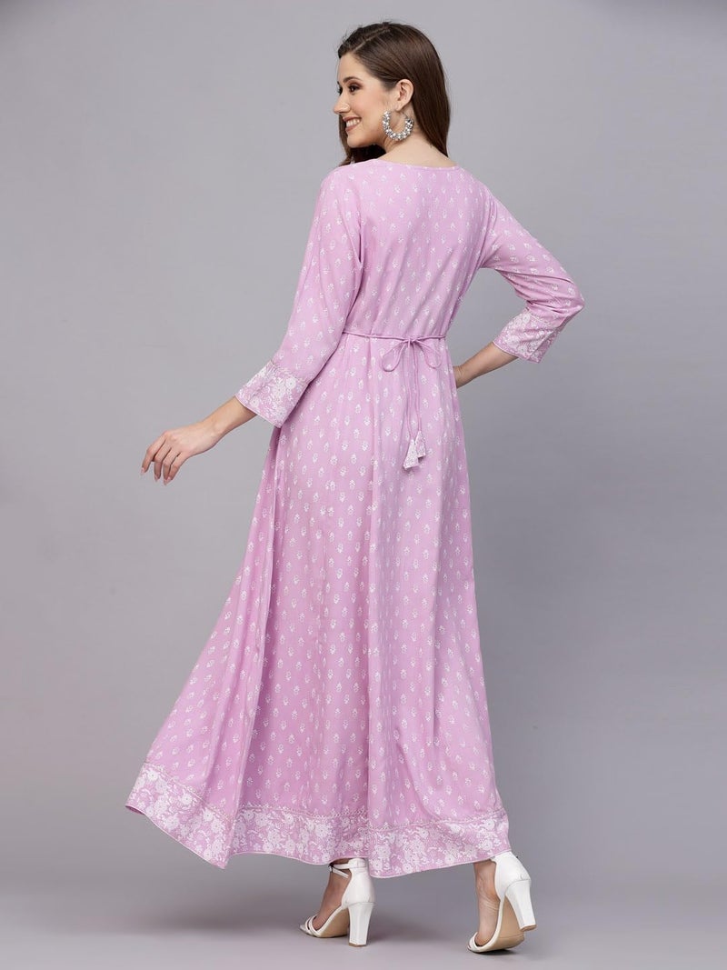 Stylum Women's Printed & Embroidered Rayon Anarkali Kurta Lavender - Image 2