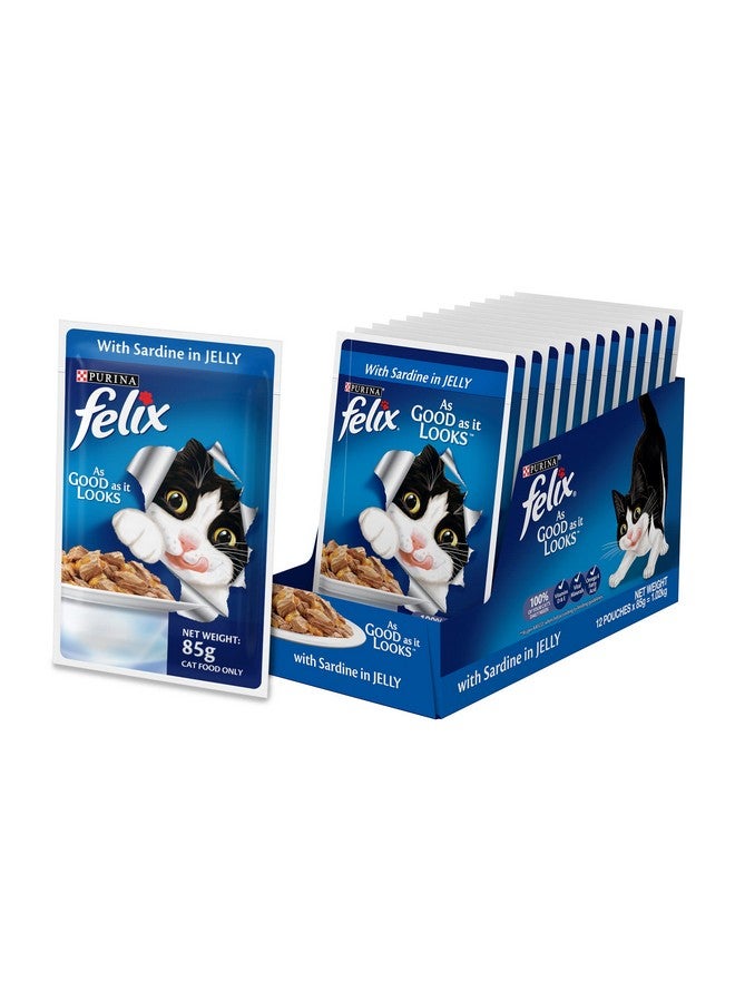 PURINA Felix As Good As It Looks Wet Food For Adult Cats|Complete And Balanced Cat Food |Sardine Flavour|Pack Of 12 Pouches (12 X 85 G)