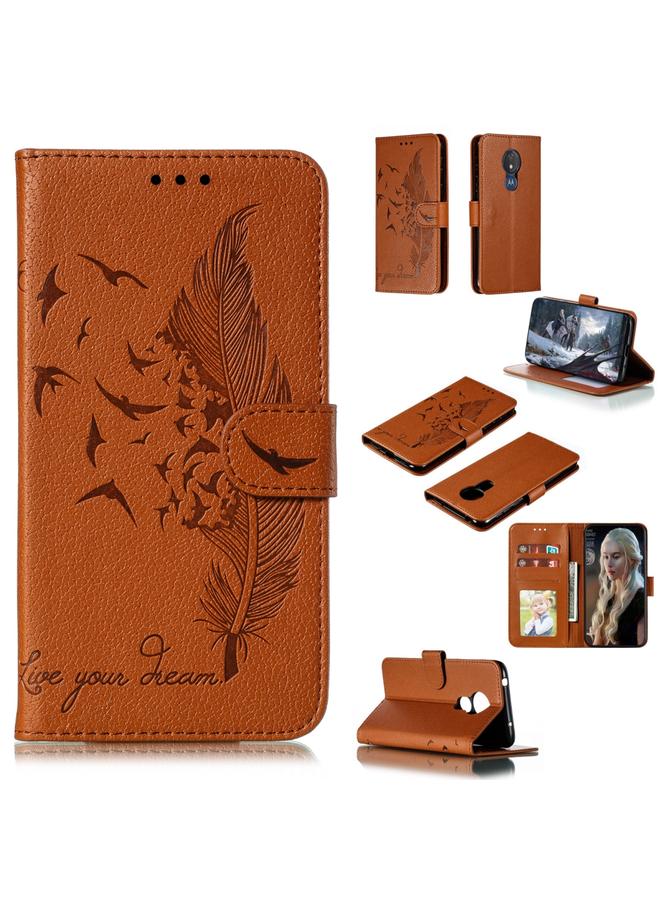 زبون جراب جلدي أفقي بتصميم ريشة من الليتشي مع محفظة وحامل وفتحات للبطاقات لهاتف موتورولا موتو جي 7 باور - Image 1