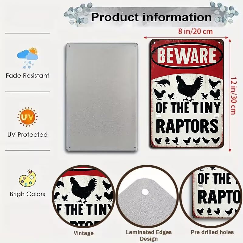 Smilelife Funny Gifts for Women Chicken Lovers Farm Enthusiasts Beware of The Tiny Raptor Chicken Tin Sign for Chicken Coop Farm Kitchen Garden Yard Decor 8 X 12 Inch (3921) - Image 2