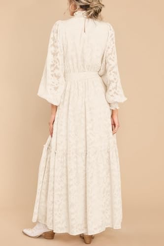 MITILLY Women's Fall Dresses Elegant Floral High Neck Long Sleeve Elastic Waist Formal Maxi Dress with Belt Medium Beige New - Image 3