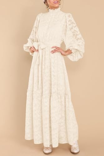 MITILLY Women's Fall Dresses Elegant Floral High Neck Long Sleeve Elastic Waist Formal Maxi Dress with Belt Medium Beige New - Image 2