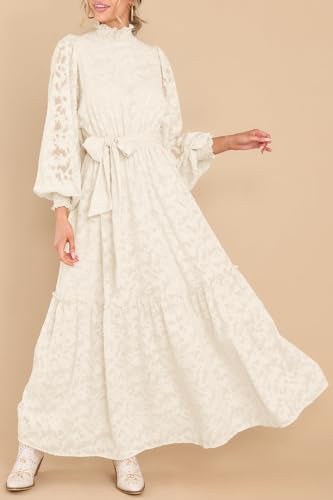 MITILLY Women's Fall Dresses Elegant Floral High Neck Long Sleeve Elastic Waist Formal Maxi Dress with Belt Medium Beige New - Image 4