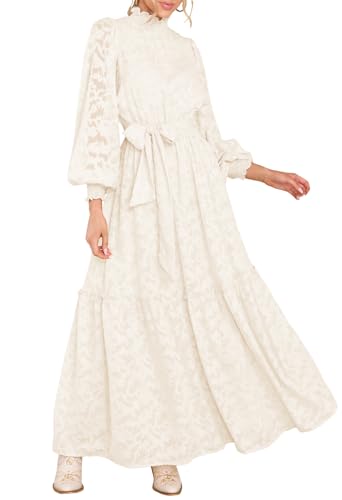 MITILLY Women's Fall Dresses Elegant Floral High Neck Long Sleeve Elastic Waist Formal Maxi Dress with Belt Medium Beige New - Image 1