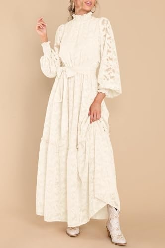 MITILLY Women's Fall Dresses Elegant Floral High Neck Long Sleeve Elastic Waist Formal Maxi Dress with Belt Medium Beige New - Image 5