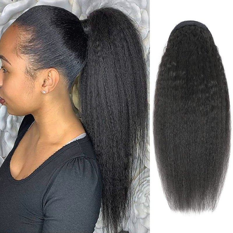 Adette Human Hair Kinky Straight Ponytails Drawstring Extension 14 Inch Kinky Straight Hair Clip in Pony Tail for Black Women - Image 2