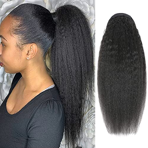 Adette Human Hair Kinky Straight Ponytails Drawstring Extension 14 Inch Kinky Straight Hair Clip in Pony Tail for Black Women - Image 1