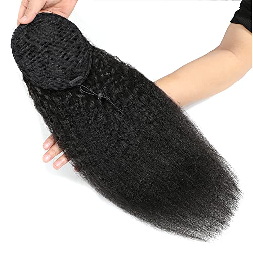 Adette Human Hair Kinky Straight Ponytails Drawstring Extension 14 Inch Kinky Straight Hair Clip in Pony Tail for Black Women - Image 3