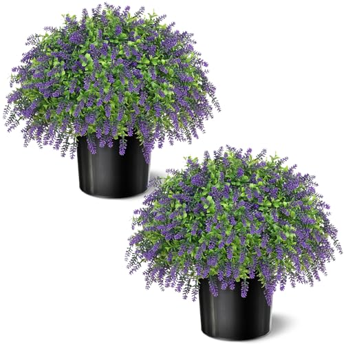 Juxdp Artificial Boxwood Topiary Ball with Lavender - Set of 2 for Front Porch Decoration,Fake Bushes Potted Plants Faux Greenery Tree UV Resistant for Outdoor Indoor Garden Farmhouse Home Decor (Purple) - Image 1