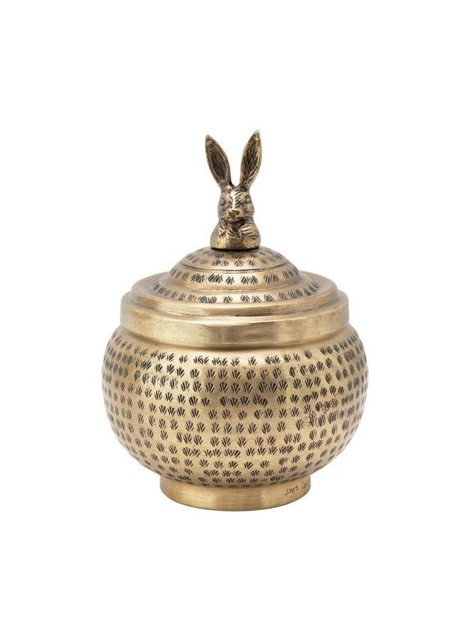 Creative Co-Op Round Hammered Metal Container with Rabbit Finial, Brass Finish - Image 1