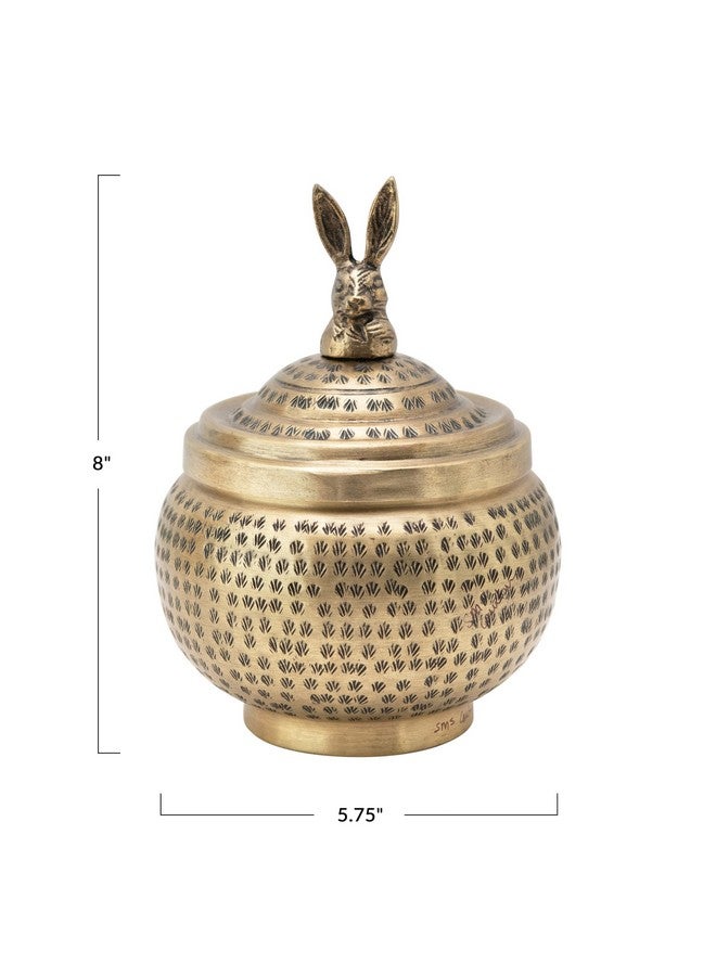 Creative Co-Op Round Hammered Metal Container with Rabbit Finial, Brass Finish - Image 2