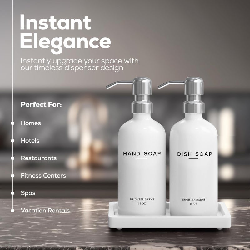 Brighter Barns White Glass Hand and Dish Soap Dispenser Set by Brighter Barns - Kitchen Soap Dispenser Set with Tray & Pump for Office, Hotel, Vacation Rental, Airbnb - Modern Kitchen Decor & Accessories (White) - Image 2