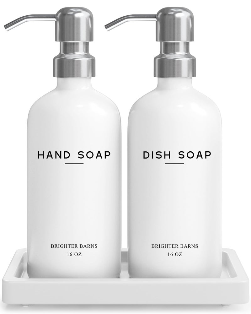 Brighter Barns White Glass Hand and Dish Soap Dispenser Set by Brighter Barns - Kitchen Soap Dispenser Set with Tray & Pump for Office, Hotel, Vacation Rental, Airbnb - Modern Kitchen Decor & Accessories (White) - Image 1