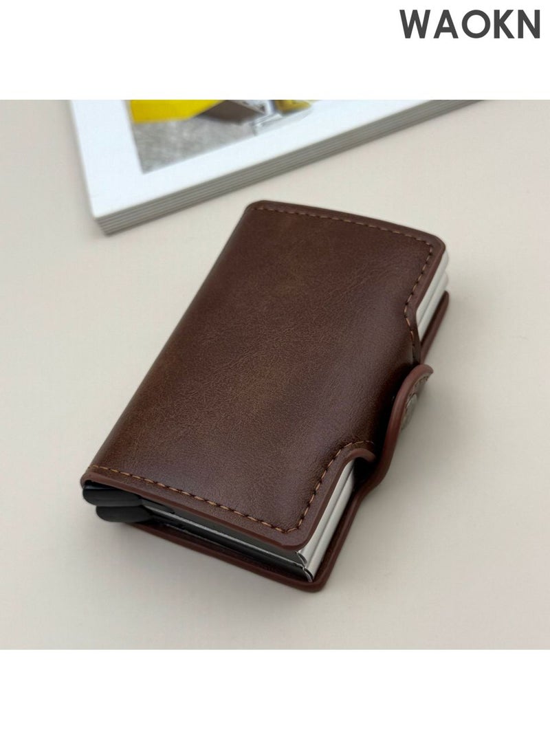 WAOKN Men's wallet credit card holder, ultra light and convenient to carry, one press can automatically pop out the wallet, leather ultra-thin card cover front pocket anti-theft travel thin wallet, metal wallet can hold up to 14 cards and cash. - Image 4
