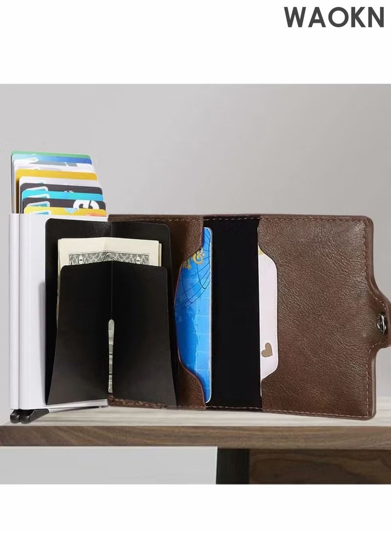 WAOKN Men's wallet credit card holder, ultra light and convenient to carry, one press can automatically pop out the wallet, leather ultra-thin card cover front pocket anti-theft travel thin wallet, metal wallet can hold up to 14 cards and cash. - Image 2