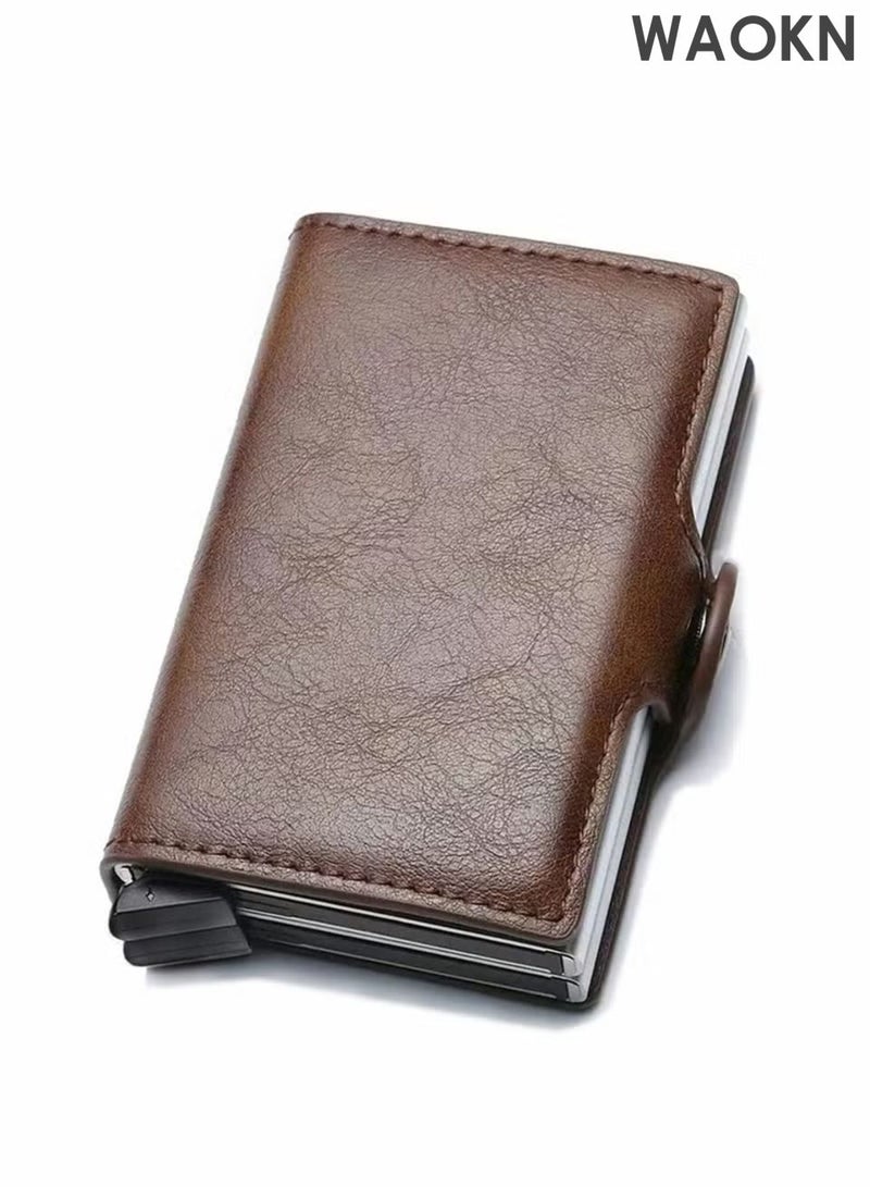 WAOKN Men's wallet credit card holder, ultra light and convenient to carry, one press can automatically pop out the wallet, leather ultra-thin card cover front pocket anti-theft travel thin wallet, metal wallet can hold up to 14 cards and cash. - Image 1
