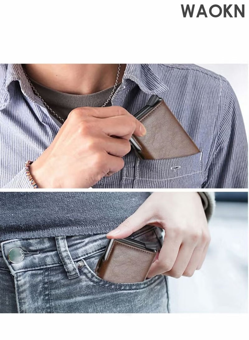WAOKN Men's wallet credit card holder, ultra light and convenient to carry, one press can automatically pop out the wallet, leather ultra-thin card cover front pocket anti-theft travel thin wallet, metal wallet can hold up to 14 cards and cash. - Image 3