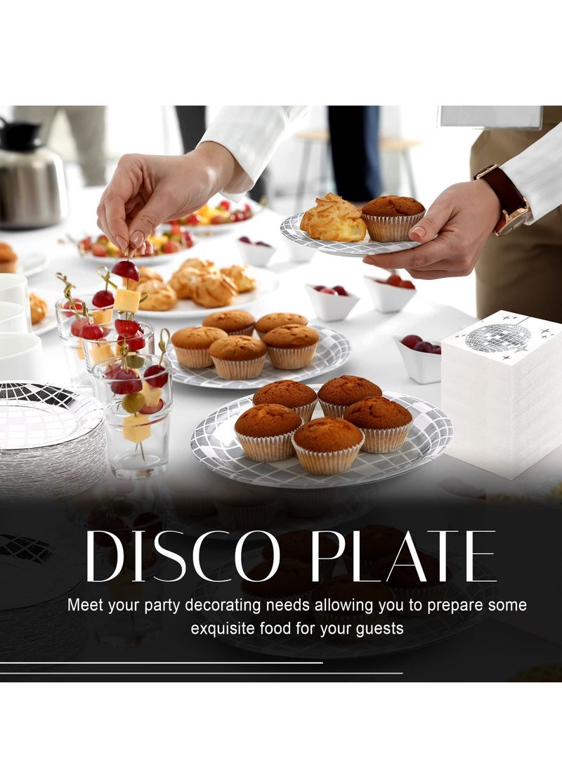SYOSI - 200 Pcs 70s Disco Party Supplies Includes Disco Ball Paper Plates and Disco Napkins Silver Disco Paper Plates Disco Napkins for 80s 90s Disco Bachelorette Birthday Party Picnic (White) - Image 1