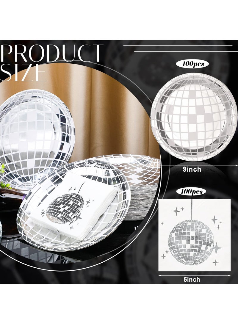SYOSI - 200 Pcs 70s Disco Party Supplies Includes Disco Ball Paper Plates and Disco Napkins Silver Disco Paper Plates Disco Napkins for 80s 90s Disco Bachelorette Birthday Party Picnic (White) - Image 1