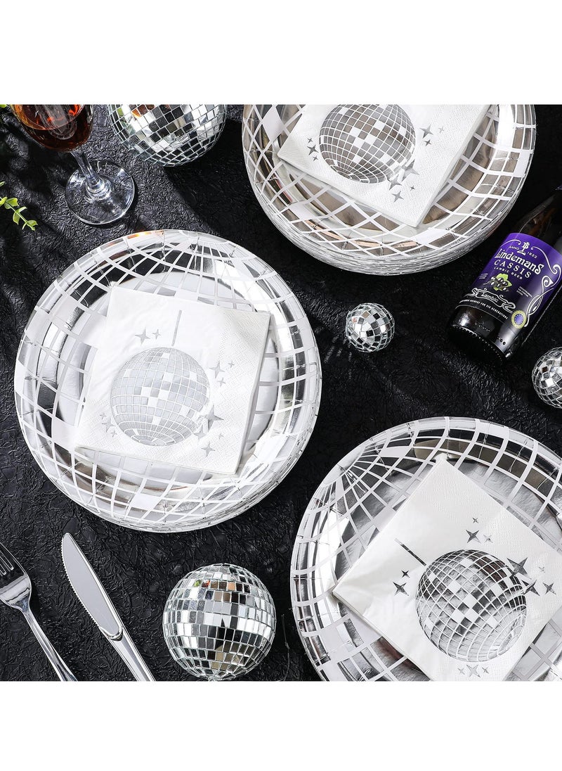SYOSI - 200 Pcs 70s Disco Party Supplies Includes Disco Ball Paper Plates and Disco Napkins Silver Disco Paper Plates Disco Napkins for 80s 90s Disco Bachelorette Birthday Party Picnic (White) - Image 1