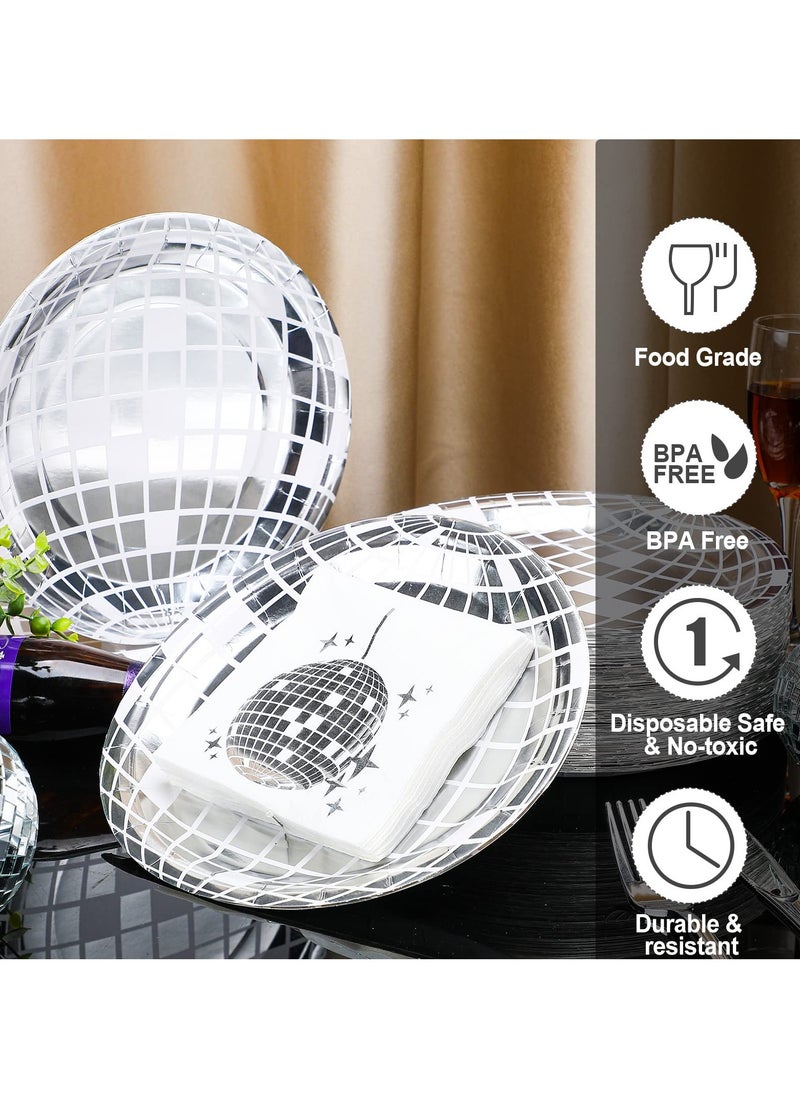 SYOSI - 200 Pcs 70s Disco Party Supplies Includes Disco Ball Paper Plates and Disco Napkins Silver Disco Paper Plates Disco Napkins for 80s 90s Disco Bachelorette Birthday Party Picnic (White) - Image 1