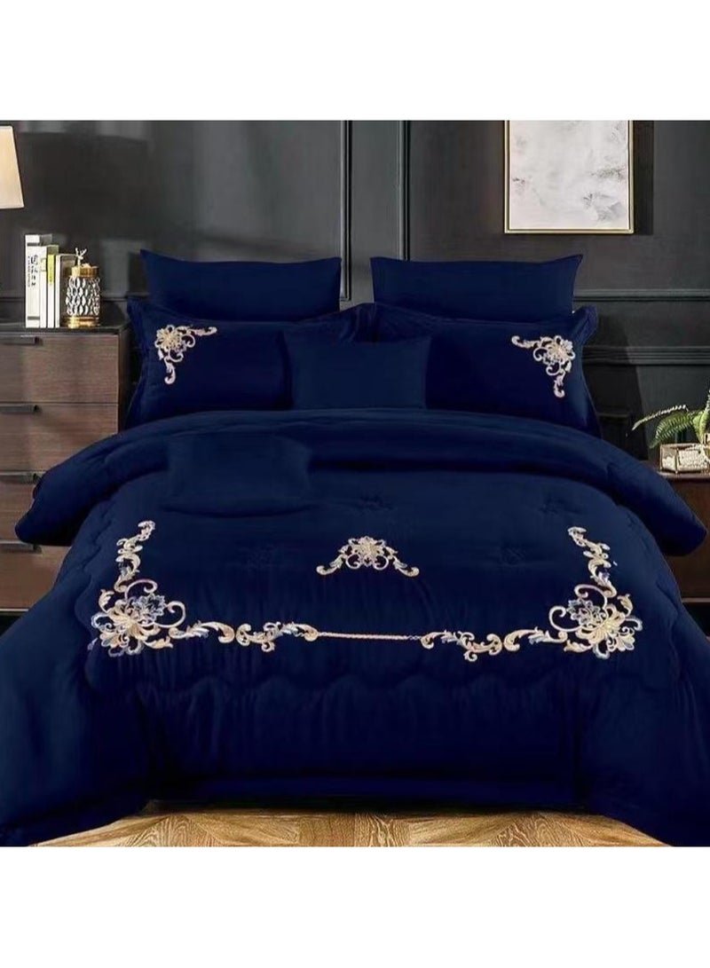 COMFY SOFT & LUXURIOUS 6 PC KING SIZE EMBROIDERED NAVY BLUE ROYALTY COMFORTER SET