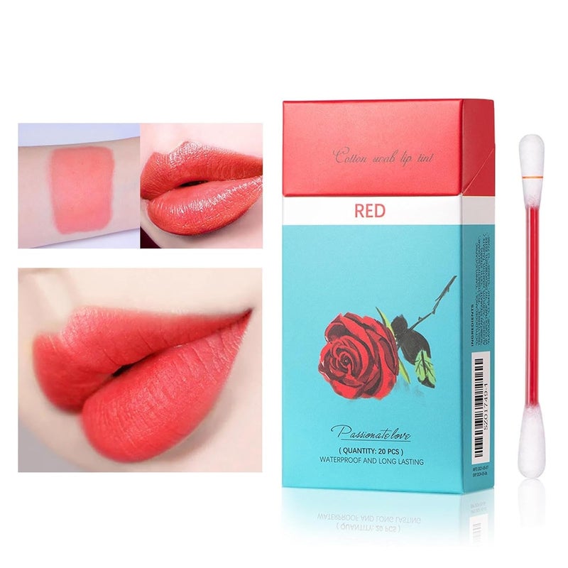 Xiaojmake Tattoo Lipstick Cotton Swab 20PCS Long Lasting Matte Lip Tint Waterproof Non Stick Liquid Lip Gloss Set (Red) - Image 2