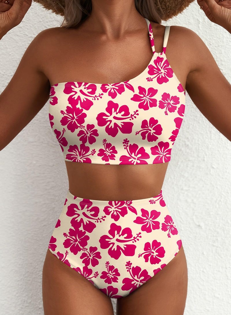 Herseas Women's High Waisted Bikini Set One Shoulder 2 Piece Swim Suit Tummy Control Stretchy Breathable Bathing Suits 2026 Summer Vintage Beach Swimming Outfits Pink Floral Small - Image 5