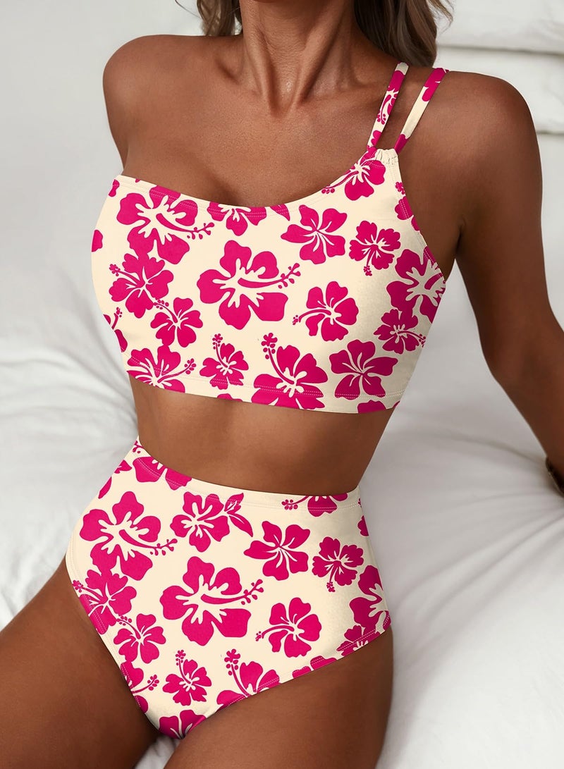 Herseas Women's High Waisted Bikini Set One Shoulder 2 Piece Swim Suit Tummy Control Stretchy Breathable Bathing Suits 2026 Summer Vintage Beach Swimming Outfits Pink Floral Small - Image 4