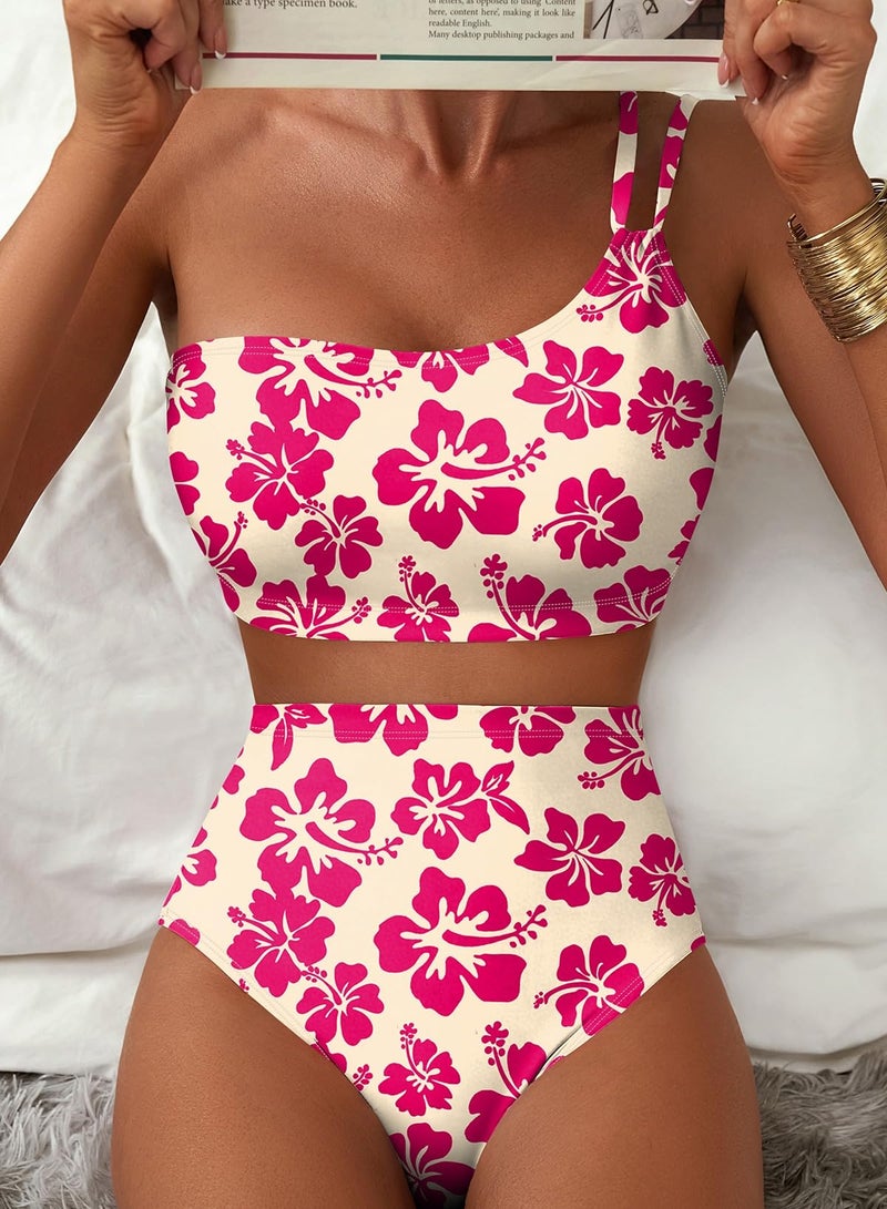 Herseas Women's High Waisted Bikini Set One Shoulder 2 Piece Swim Suit Tummy Control Stretchy Breathable Bathing Suits 2026 Summer Vintage Beach Swimming Outfits Pink Floral Small - Image 3