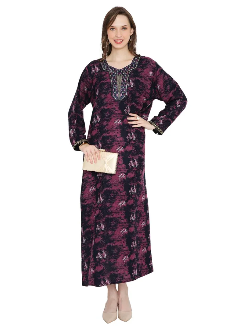HANA & SARA LONG VISCOSE PRINTED WITH STONE WORK EMBROIDERED ARABIC KAFTAN JALABIYA FARASHA DRESS