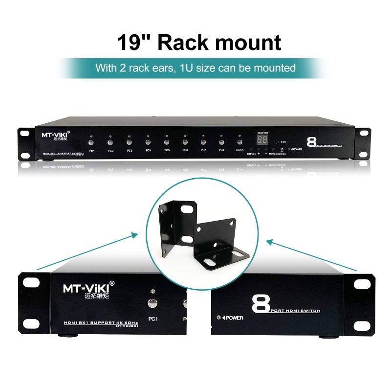 MT-VIKI Rack Mount HDMI Switch, 8 Ports HDMI Switch 8 in 1 Out 4K@60Hz (4:4:4) HDCP2.2 + Rackmount-Ears+RS232 +Auto Swtich, Auto Scan (8x1) - Image 4