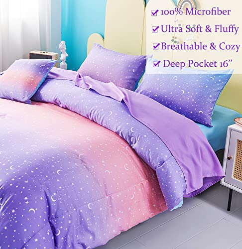 URBONUR Twin Comforter Set for Girls 6Pcs Bed in a Bag Gradient Purple Orange Blue Moon Stars Comforters Soft Lightweight Kids Bedding Set for All Season (Star, Twin Size) - Image 2