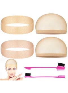 Chuangdi 4 Pieces Silicone Wig Grip Band and Stretchy Nylon Wig Cap, Non Slip Silicone Headband for Wigs with 2 Brush for Women Sport Yoga (Light Brown, Brown) 