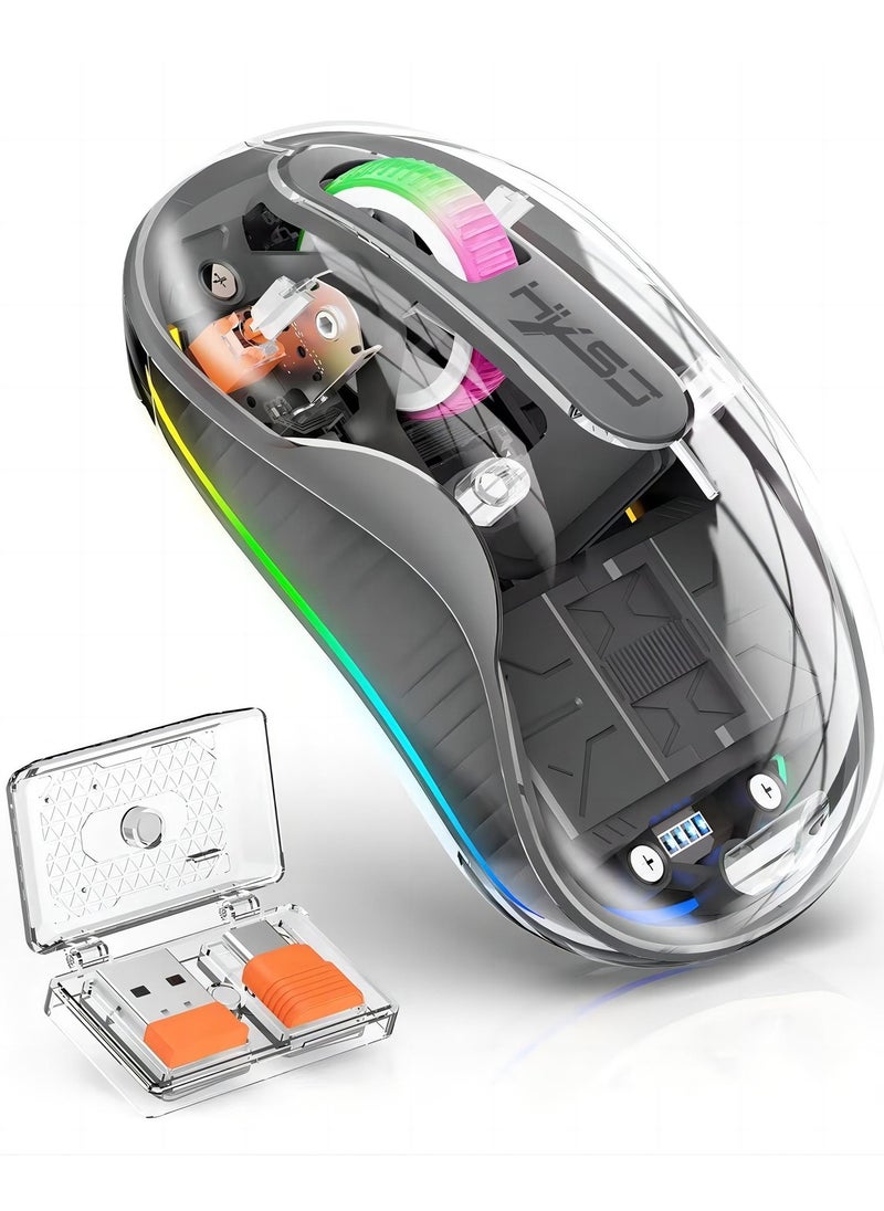 Generic Wireless Transparent Tri-Mode Gaming Mouse, Silent RGB Backlit 2.4G & BT5.1 Mouse, 2400 DPI Adjustable, Rechargeable Gaming Mouse  - Image 1