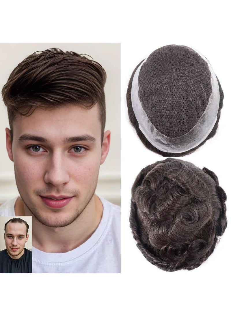 HAPPY&CC Durable Mens Toupee Human Hair System for Men Swiss Lace Mens Hair Piece Poly PU Skin Hair Unit Prosthesis Wig Replacement for Men #3 Dark Brown 8x10 Inch 