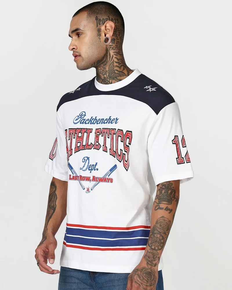 Men's Bright White Backbencher Dept Typography Oversized T-shirt