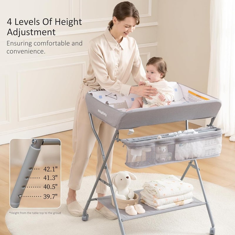 Maydolly Baby Changing Table with Wheels, Portable Adjustable Height Folding Diaper Station with Nursery Organizer & Storage Rack for Newborn Baby and Infant (Light Grey) - Image 2