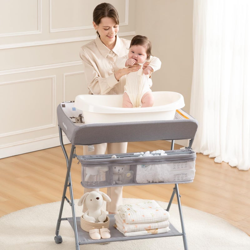 Maydolly Baby Changing Table with Wheels, Portable Adjustable Height Folding Diaper Station with Nursery Organizer & Storage Rack for Newborn Baby and Infant (Light Grey) - Image 3
