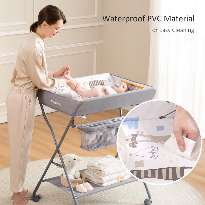Maydolly Baby Changing Table with Wheels, Portable Adjustable Height Folding Diaper Station with Nursery Organizer & Storage Rack for Newborn Baby and Infant (Light Grey) - Image 4