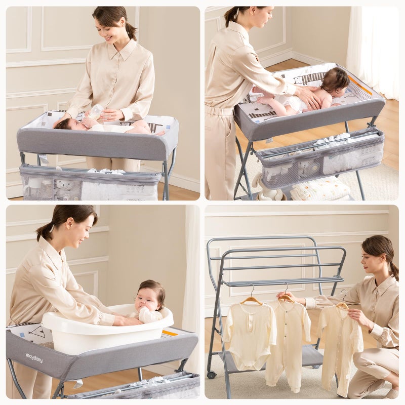 Maydolly Baby Changing Table with Wheels, Portable Adjustable Height Folding Diaper Station with Nursery Organizer & Storage Rack for Newborn Baby and Infant (Light Grey) - Image 5