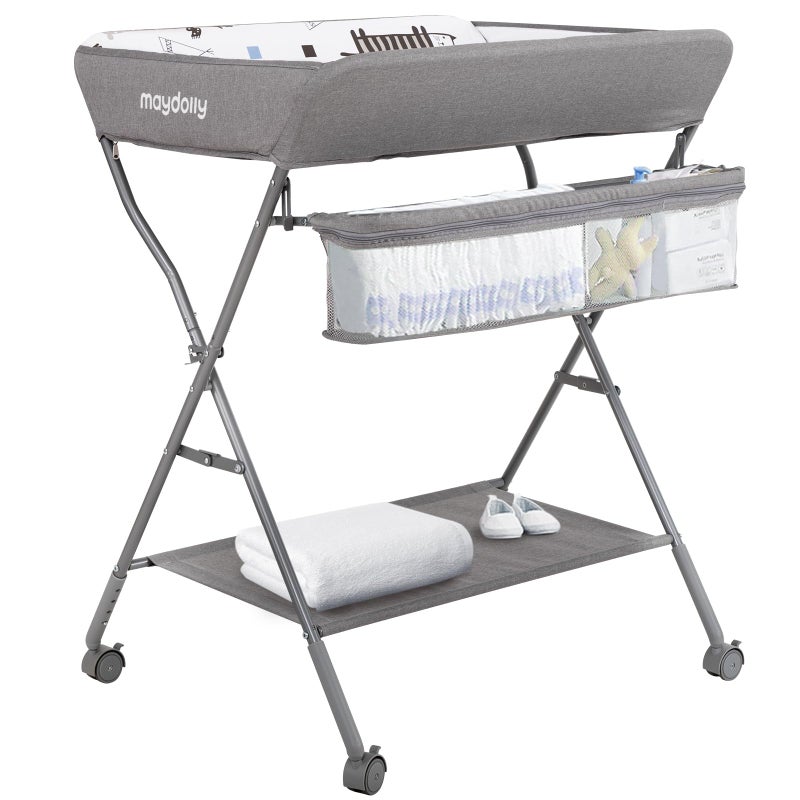 Maydolly Baby Changing Table with Wheels, Portable Adjustable Height Folding Diaper Station with Nursery Organizer & Storage Rack for Newborn Baby and Infant (Light Grey) - Image 1