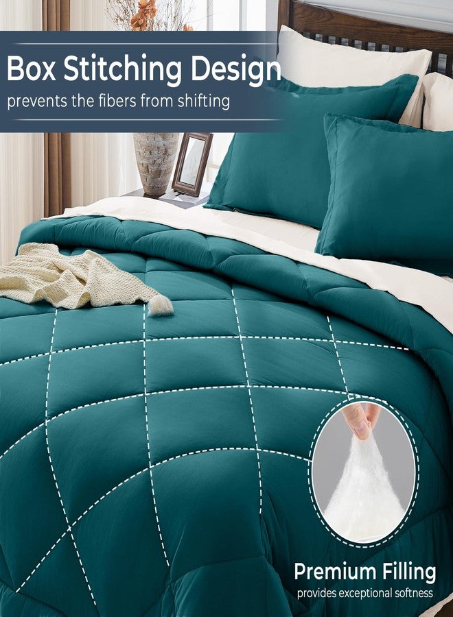 HEVUMYI Queen Comforter Set - 7-Piece All Season Bed in a Bag Queen, Ultra Soft Bedding Set with Comforter, Flat Sheet, Fitted Sheet, Pillowcases, Pillow Shams, Peacock Blue & Ivory - Image 4