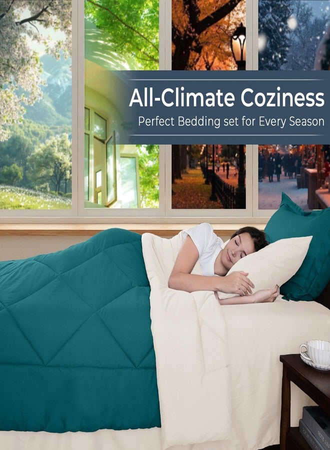 HEVUMYI Queen Comforter Set - 7-Piece All Season Bed in a Bag Queen, Ultra Soft Bedding Set with Comforter, Flat Sheet, Fitted Sheet, Pillowcases, Pillow Shams, Peacock Blue & Ivory - Image 3