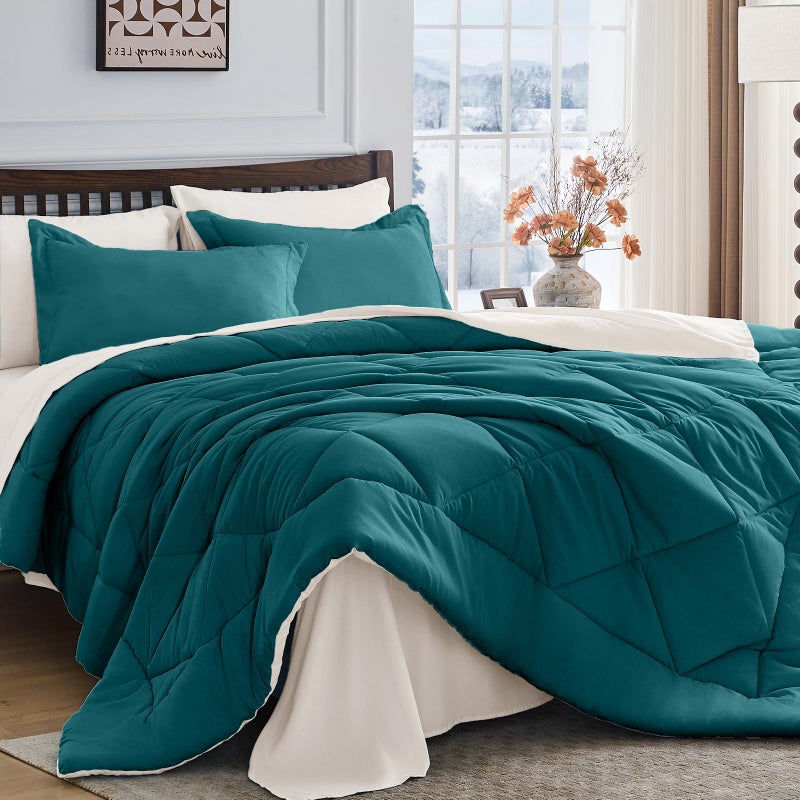 HEVUMYI Queen Comforter Set - 7-Piece All Season Bed in a Bag Queen, Ultra Soft Bedding Set with Comforter, Flat Sheet, Fitted Sheet, Pillowcases, Pillow Shams, Peacock Blue & Ivory - Image 1