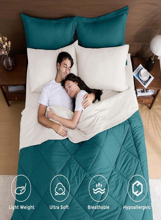 HEVUMYI Queen Comforter Set - 7-Piece All Season Bed in a Bag Queen, Ultra Soft Bedding Set with Comforter, Flat Sheet, Fitted Sheet, Pillowcases, Pillow Shams, Peacock Blue & Ivory - Image 2